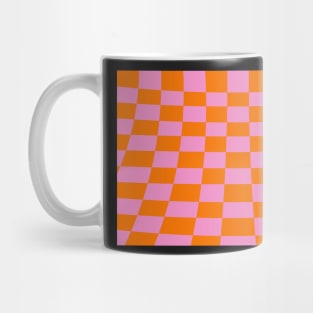 Warped perspective coloured checker board effect grid orange and pink Mug